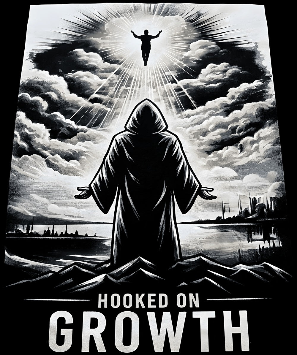 Ascension Tee — hooded figure ascending, Hooked on Growth